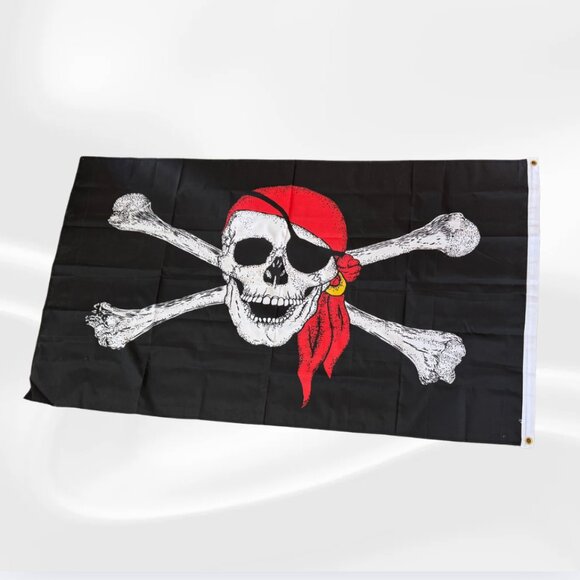 Pirate Skull & Crossbones Flag with Red Bandana – Jolly Roger Black Banner - Picture 1 of 4